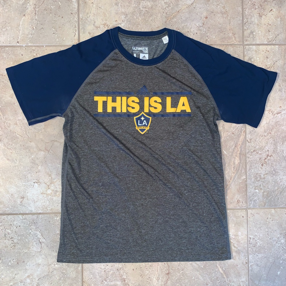 Adidas LA Galaxy This Is LA Athletic MLS Soccer Tee Mens Size L Gray and Navy